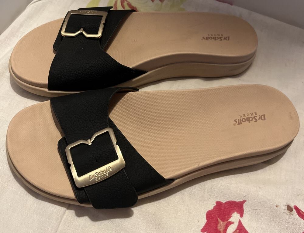 Dr Scholls Women’s Island Icon Black Size 9M Gold Buckle Sandals Slide